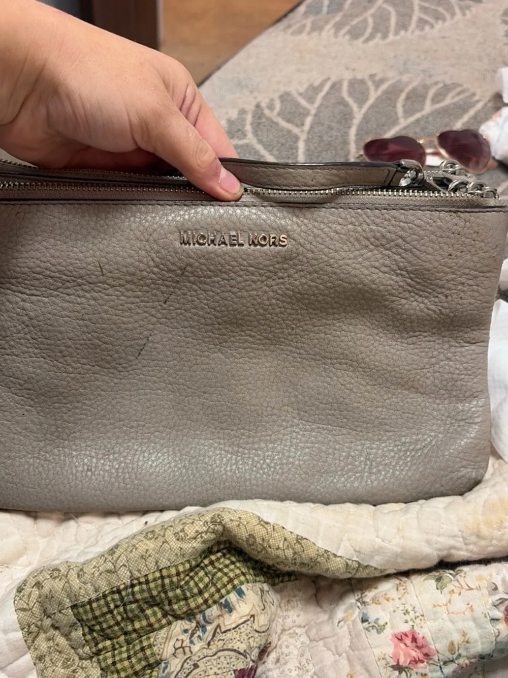 Michael Kors Pebbled Leather Wristlet in Grey Taupe